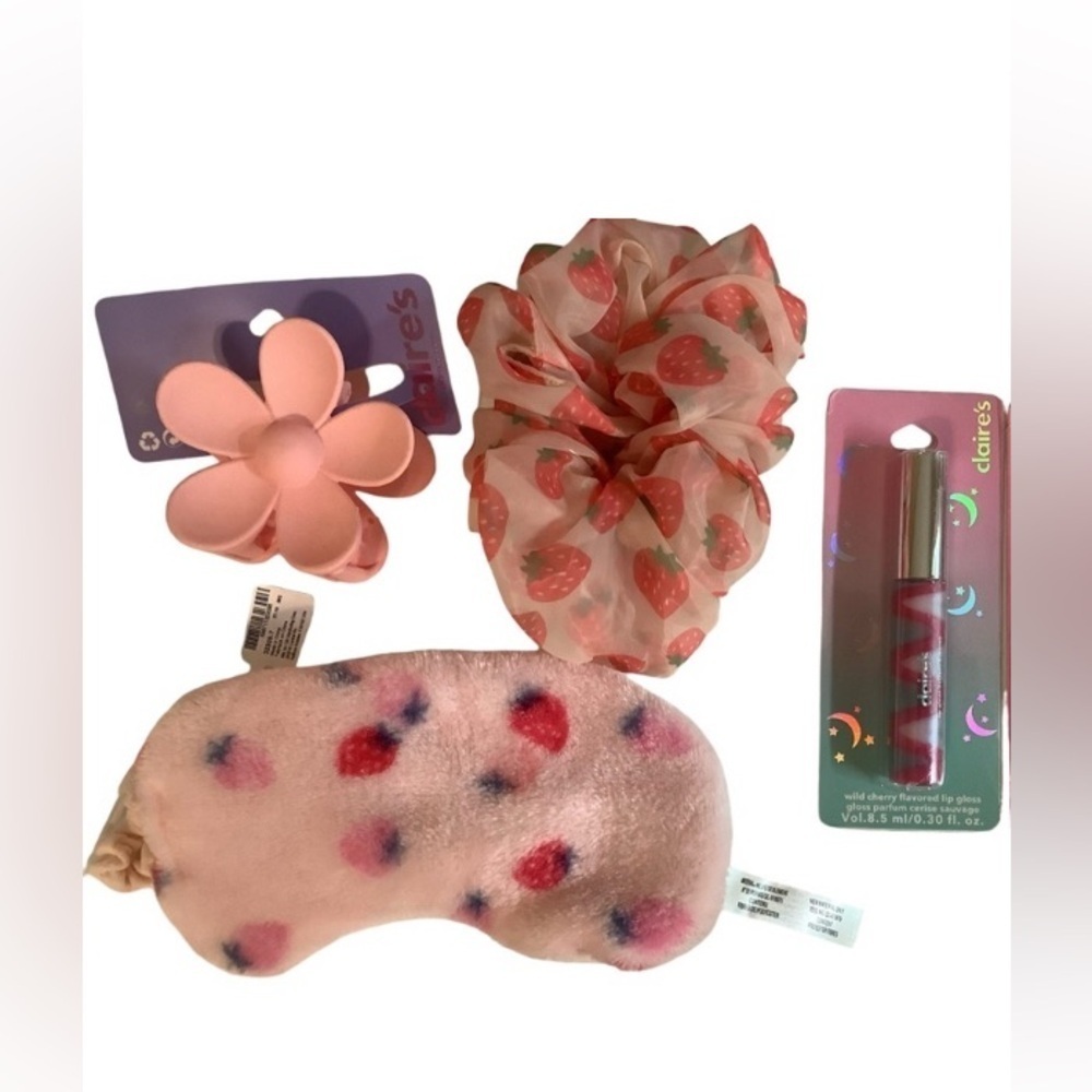 Claire's Strawberry-Themed Pink and Red Accessory & Lip Gloss Bundle. New